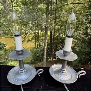 2 Vintage Primitive Silver Finger Loop Candlestick Style Lamps Christmas Window